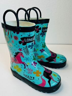 Lone Cone Turquoise Horse Pattern Kids Rain Boots Size 9